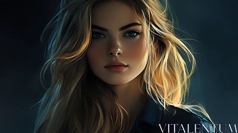 Digital portrait blonde woman with intense blue gaze.