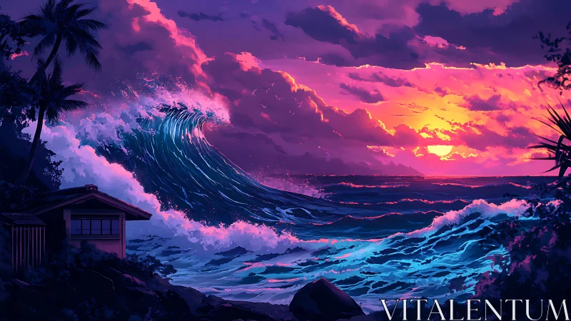 Digital seascape with large wave and sunset horizon view.