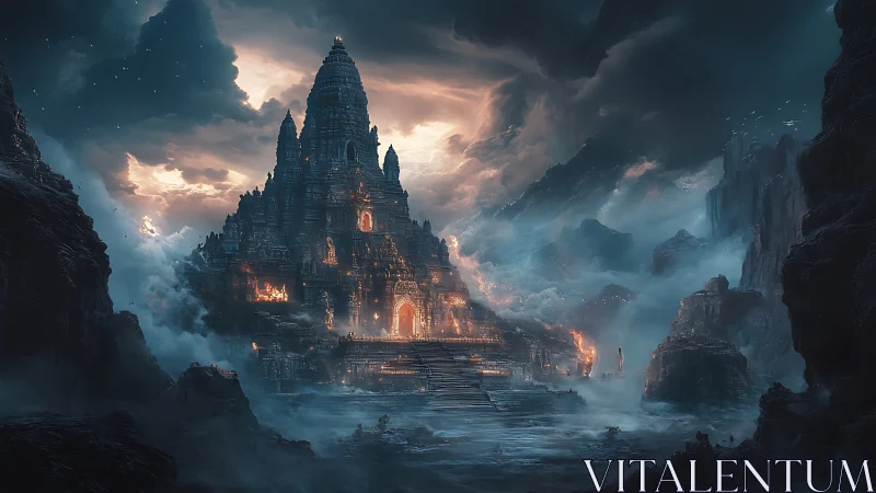 Ancient mountain temple fortress under stormy burning sky.