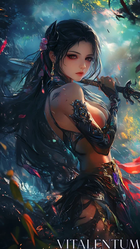 Warrior woman holds sword in dense, colored forest light