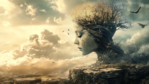 Surreal stone goddess headland merging with windblown treetop