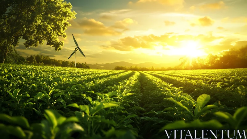 Golden sunrise illuminates sustainable crop fields and turbine