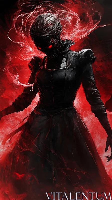 Burning-eyed wraith in torn dress emerges from red void