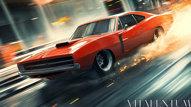 High-speed muscle car drift with dynamic motion blur and sparks