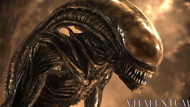 Rendered biomechanical creature displays elongated domed head