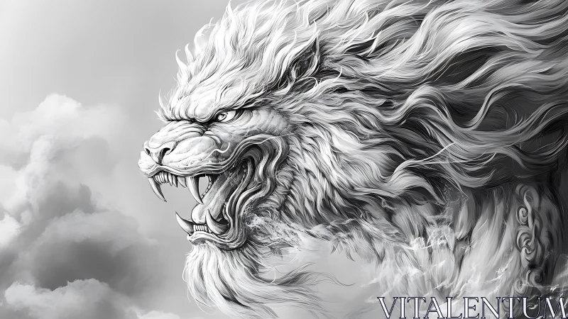 Roaring lion-dragon hybrid head rendered in monochrome detail