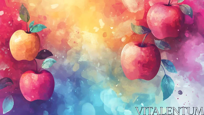 Red and yellow apples on multicolored abstract background.