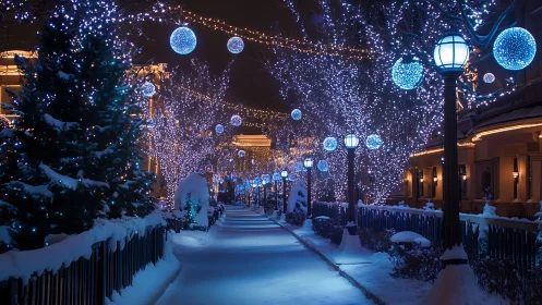 Glowing winter walkway sparkles with soft blue holiday lights
