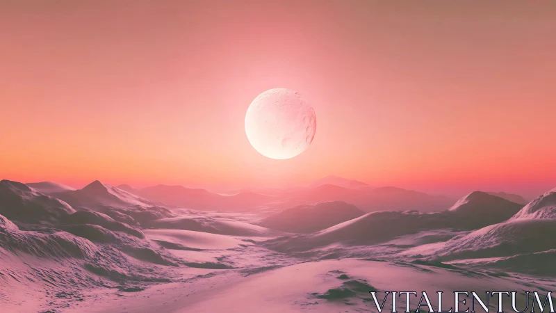 Pink alien moon rises above frosted mountains at dusk.