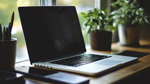 Sunlit laptop sanctuary amid quiet plants and desk calm.