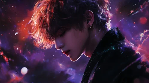 Starlit portrait of introspective youth in cosmic glow.