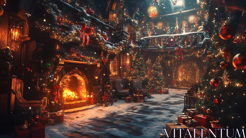 Grand hall interior with festive Christmas trees and fireplace
