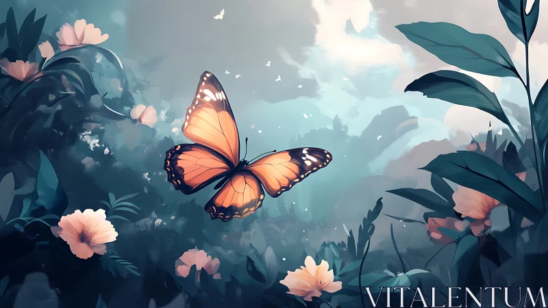 Gentle orange butterfly drifting through a dreamy garden sky.