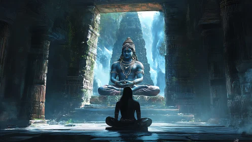 Meditating devotee before colossal blue temple deity idol.