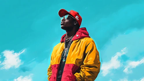 Digital painting portrait with bold color blocking and sky backdrop.