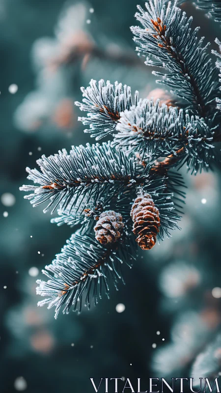 Frosty pine needles whisper quietly through drifting snow