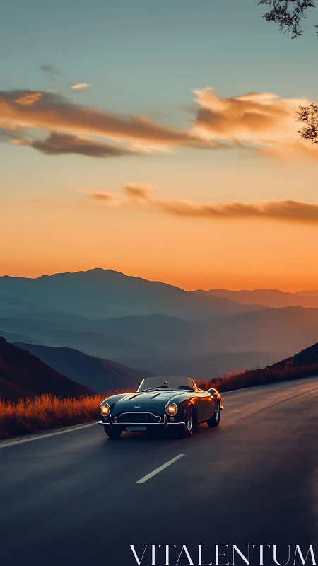 Sunset-soaked classic roadster glides through mountain curves