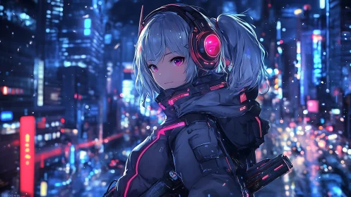 Neon vigil girl drifting through snowfall over cybercity.