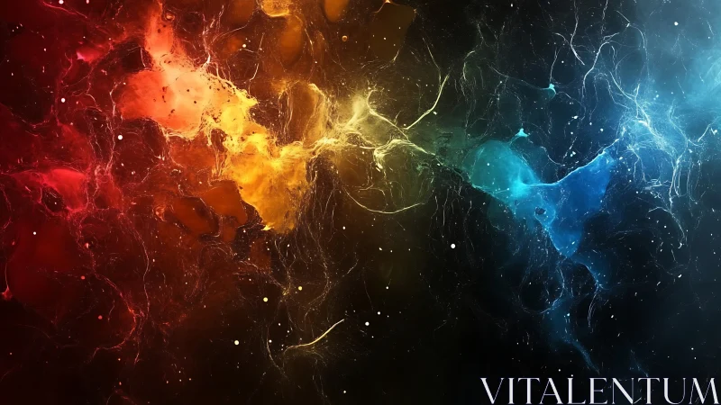 Nebula-like colored plasma clouds stretch across dark space