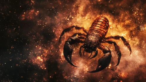 Scorpion-shaped cosmic creature in fiery star cloud.