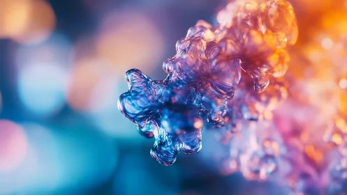 Glowing liquid shapes drift in dreamy blue and orange light