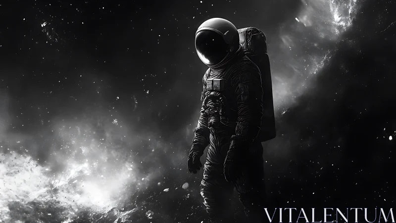Solitary astronaut stands in deep space amid drifting dust