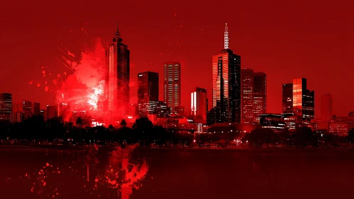 Monochrome red skyline with splatter overlays and hard contrast.