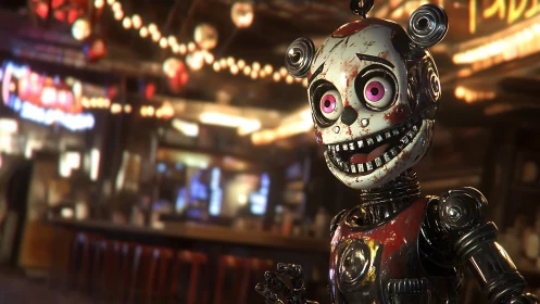 Bloodstained cartoon robot stares in blurred neon bar