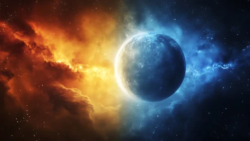 Celestial world drifts between blazing fire and calming ice