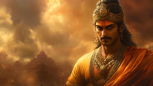 Regal warrior prince before mist-veiled golden temple city