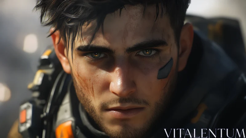 Battle-worn sci-fi soldier stares ahead with fierce resolve