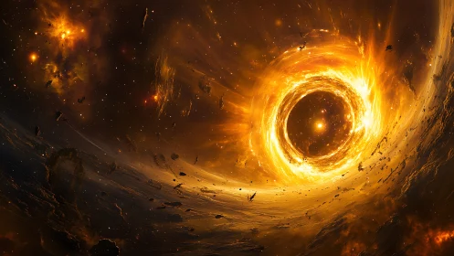 Blazing cosmic vortex devours drifting debris in deep space.