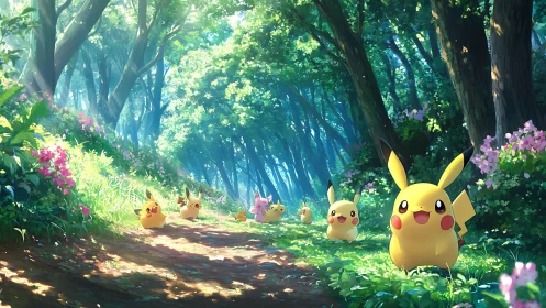 Joyful Pikachu friends wander a sunlit forest path together