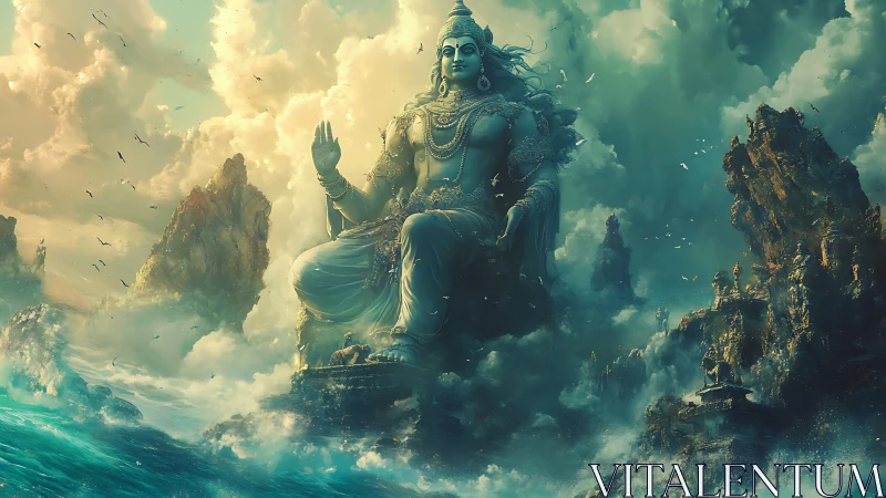 Monumental deity statue dominates stormy oceanic cloudscape scene