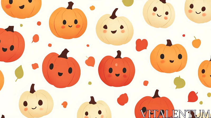 Kawaii pumpkin pattern with smiling faces and autumn leaves.