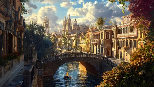 Sunlit canal city with bridge, towers and small sailboat.
