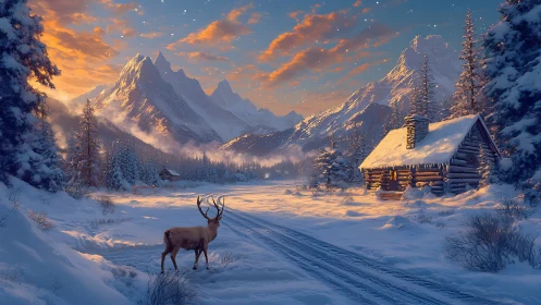 Snowy mountain cabin at sunset with lone winter deer.