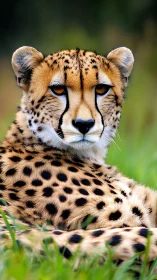 Serene cheetah portrait curled in lush green grass.