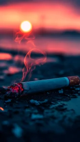 Glowing cigarette ember quietly smolders in a moody sunset