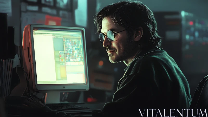 Nocturnal workstation operator at retro CRT terminal interface.