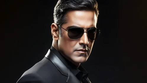 Stylish man in sunglasses against dark studio background.