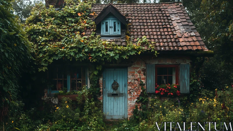 Ivy-draped brick cottage with teal door in wild garden.