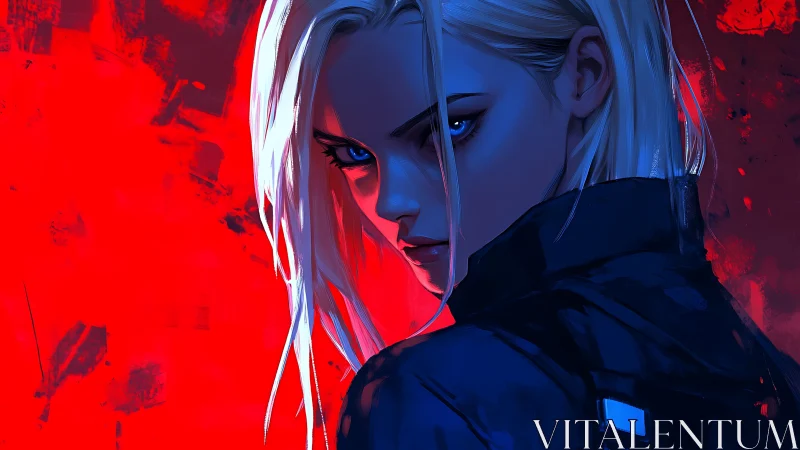 Blonde anime assassin against vivid red abstract backdrop.