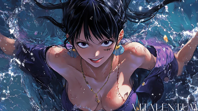 Dynamic anime swimmer emerging from splashing ocean surface