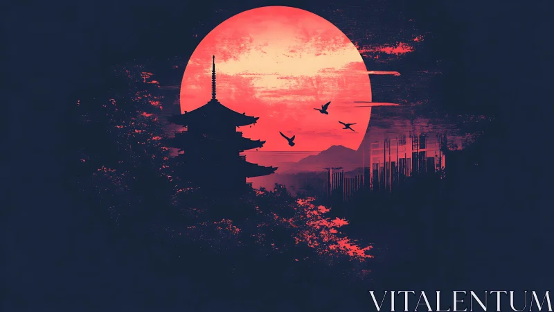 Crimson sun uniting pagoda silhouette and neon cityscape.
