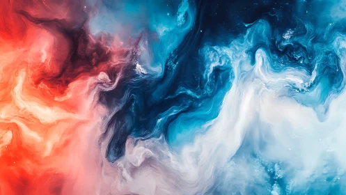 Dual-toned fluid abstraction in red, blue, and white fields.