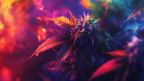 Cannabis bud in vivid multicolor abstract lighting.