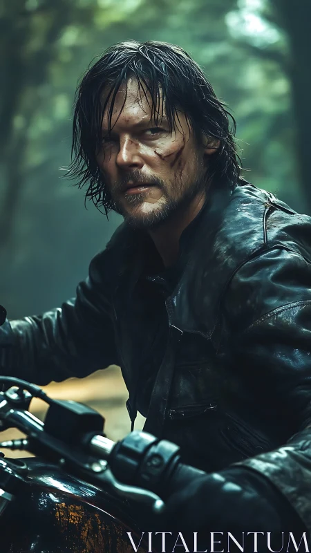 Weathered motorcyclist in rain-dark forest, cinematic detail.