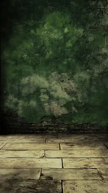 Grunge green wall and worn floor create moody urban backdrop