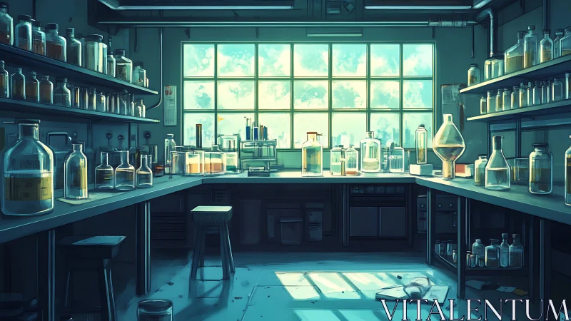 Sunlit chemical laboratory interior with glass reagent bottles